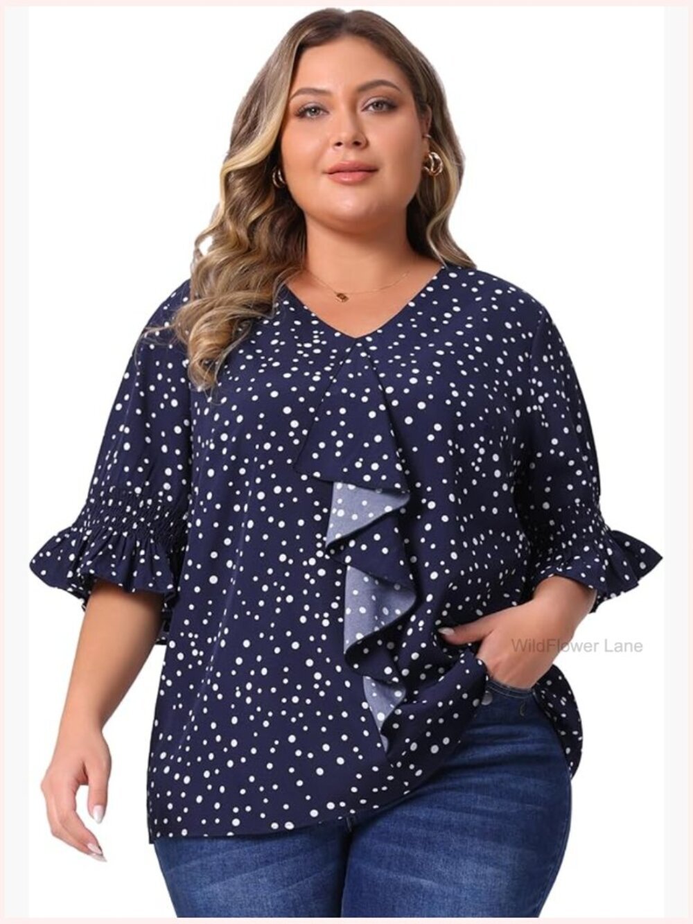 Plus Size V Neck Smocked Sleeve Ruffle Blouse Top